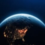 3D Render of Planet Earth with Clouds and Cities Lights. Planet Earth maps courtesy of NASA: https://visibleearth.nasa.gov/images/144875/earth-at-night-black-marble-2012-color-maps-v2.