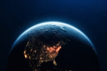 3D Render of Planet Earth with Clouds and Cities Lights. Planet Earth maps courtesy of NASA: https://visibleearth.nasa.gov/images/144875/earth-at-night-black-marble-2012-color-maps-v2.