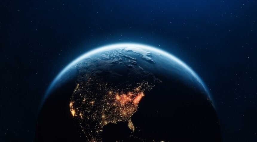 3D Render of Planet Earth with Clouds and Cities Lights. Planet Earth maps courtesy of NASA: https://visibleearth.nasa.gov/images/144875/earth-at-night-black-marble-2012-color-maps-v2.