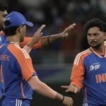 Kuldeep Yadav, second right, celebrates the wicket of UAE's Rahul Chopra during the Asia Cup on Wednesday. (AP)