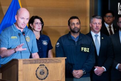Utah Governor Spencer Cox alongside FBI Director Kash Patel at a press conference in Orem, Utah