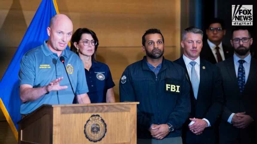 Utah Governor Spencer Cox alongside FBI Director Kash Patel at a press conference in Orem, Utah
